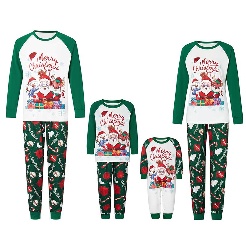 Green Matching Christmas Pajamas For Family Long Sleeve Santa Snowman Reindeer Print Tops + Pants Set Winter Sleepwear