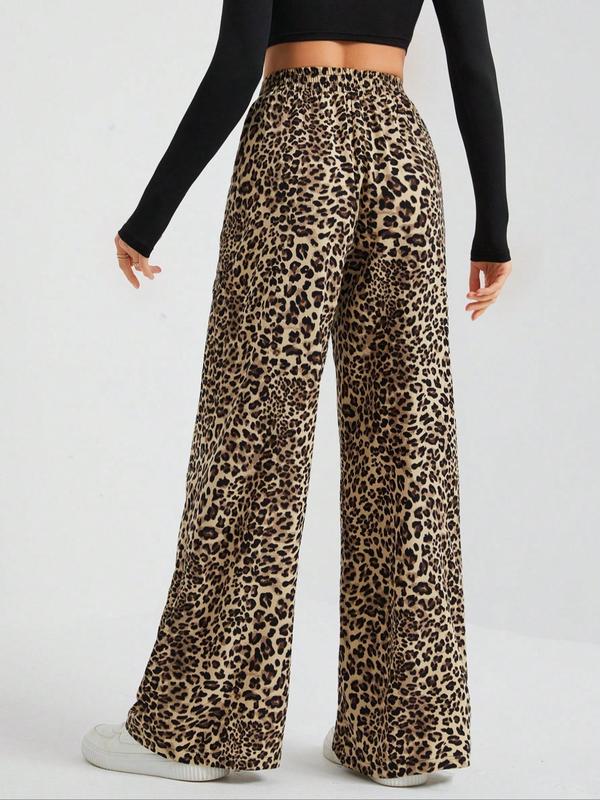 Women's Leopard-Print Wide Leg Pants, Casual Comfy Trousers for Daily Wear, Ladies Bottoms for Fall & Winter