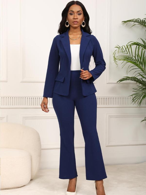 Two-Piece Set Women's Plain Button Front Flap Detail Blazer & Flare Leg Pants, Elegant Lapel Neck Long Sleeve Outerwear & Zipper Side Elastic Waist Pants for Work Office Business, Ladies Clothes, Fall Outfit