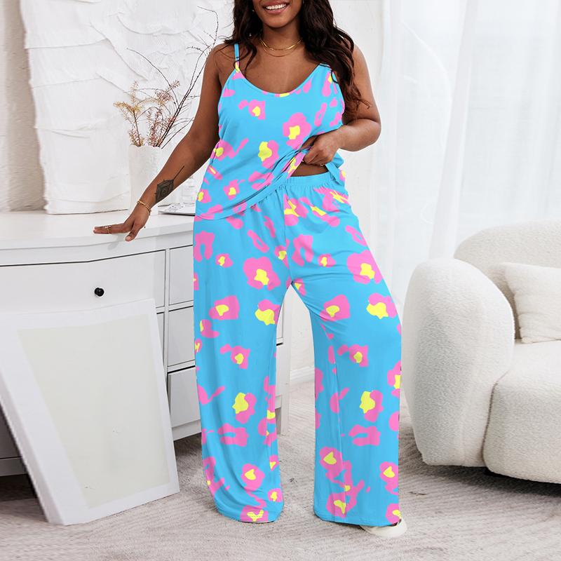 ChicMe Plus Size Pink Leopard Print Spaghetti Strap Pajamas Set