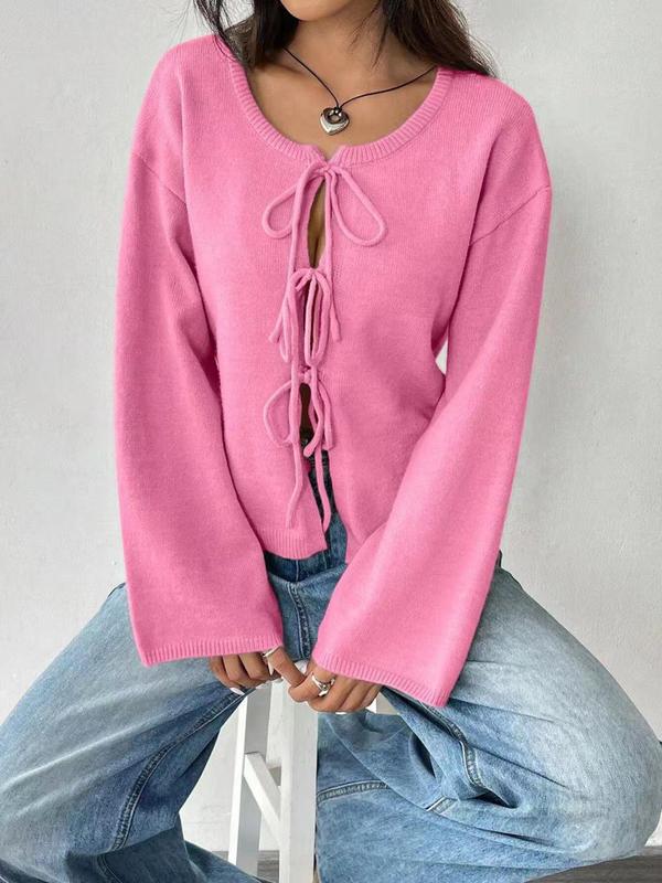 Women's Solid Tie Front Drop Shoulder Cardigan, Casual Long Sleeve Round Neck Jumper for Fall & Winter, Fashion Ladies' Knitwear for Daily Wear