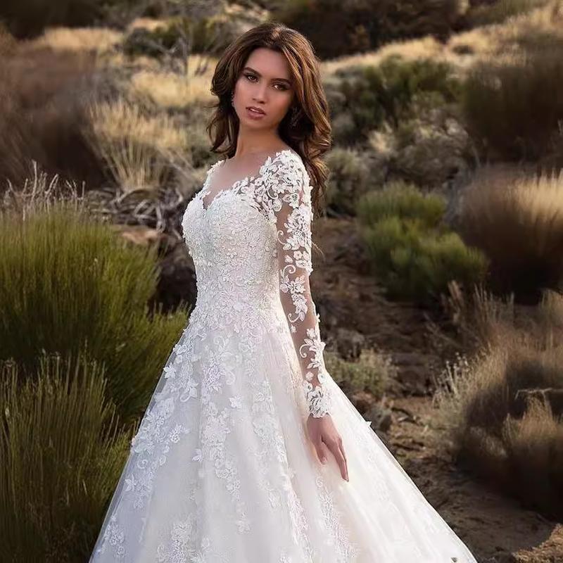 Fashionable Elegant New Women's Long-Sleeved off-Shoulder Bridal Wedding Dress Dress Formal Dress High-End Fashion