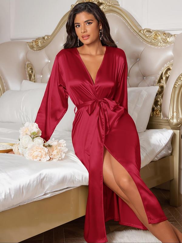 Women's Solid Color Belted Satin Bathrobe, Long Sleeve Dressing Gown, Soft Comfortable Breathable Bathrobe for Women, Women's Sleepwear for Fall & Winter