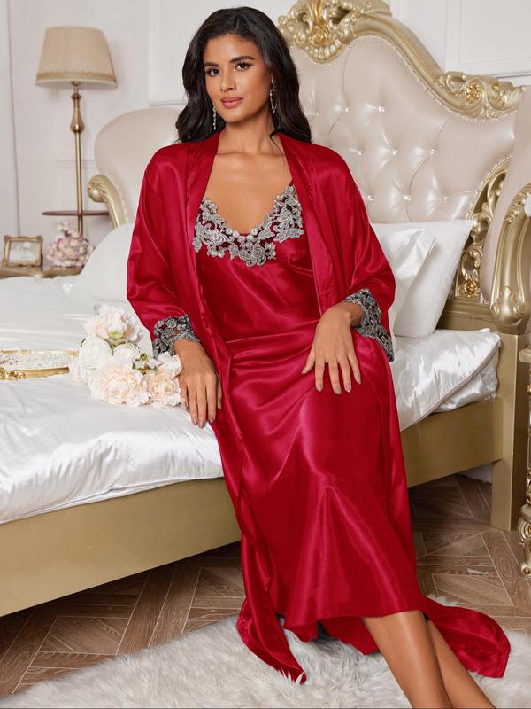 Two-piece Set Women's Contrast Lace Belted Satin Robe & Cami Nightdress Loungewear Set, Drop Shoulder Long Sleeve Robe & Cami Nightdress, Women's Sleepwear for All Seasons