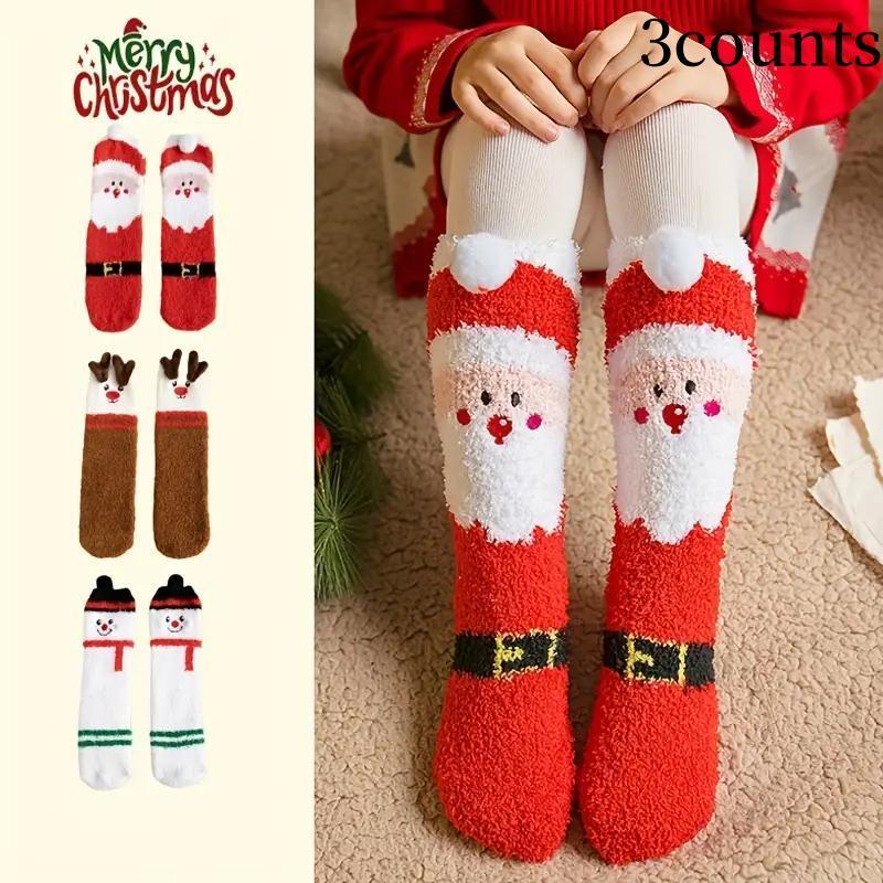 Christmas Themed Socks, 3 Pairs Cute Cartoon Reindeer & Santa Claus & Snowman Pattern Socks, Warm Floor Socks, Sleep Socks, Party Supplies