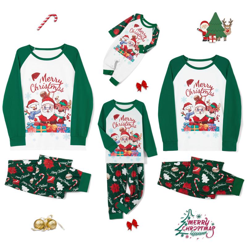 Green Matching Christmas Pajamas For Family Long Sleeve Santa Snowman Reindeer Print Tops + Pants Set Winter Sleepwear