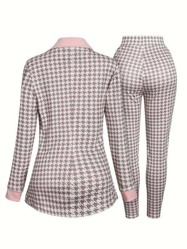 Two-Piece Set Women's Houndstooth Print Zipper Lapel Neck Blazer & Elastic Waist Skinny Pants, Fall Matching Sets, Elegant Fashion Casual Outfits for Work Office Business, Ladies Clothes for All Seasons