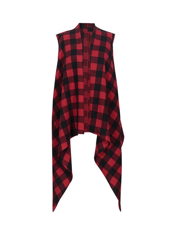 Plus Size Plaid Print Exaggerated Ruffle Trim Open Front Waistcoat, Casual Sleeveless Long Outerwear For Fall & Winter, Women's Clothes For Daily Wear, Fall Clothing