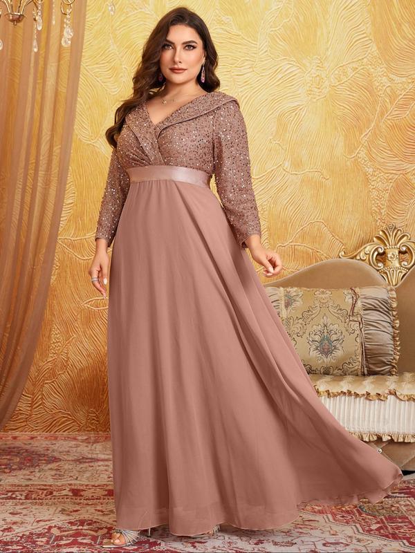  Glitter Contrast Sequin Collared Chiffon Evening Dress, Elegant Long Sleeve Maxi Dress for Party & Banquet, Women's Clothes for All Seasons