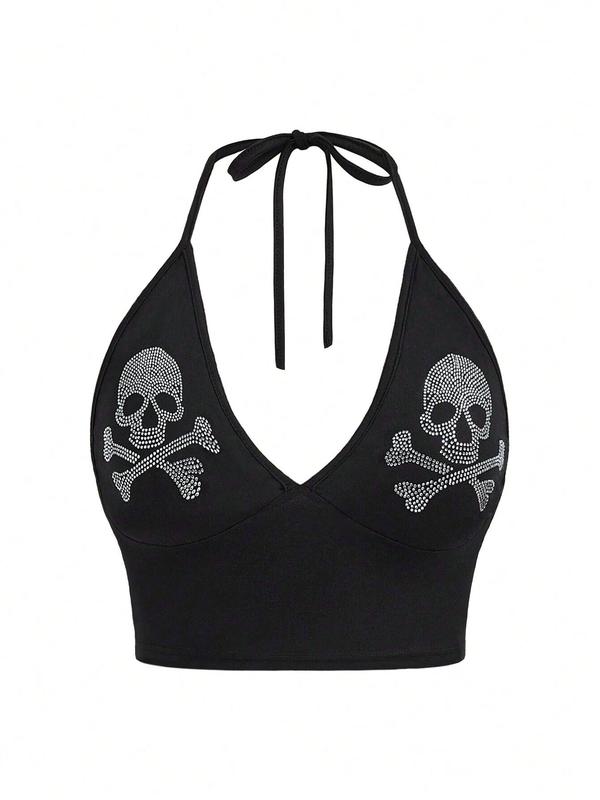 Women's Rhinestone Decor Skull Print Halter Crop Cami Top, Fashion Casual Backless Top for Daily Outdoor Wear, Ladies Clothes for Summer