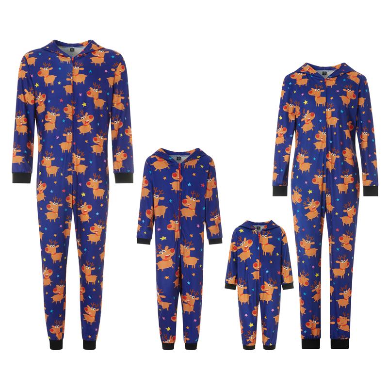 Matching Christmas Pajamas For Family Long Sleeve Elk Antler Hooded Romper Zip Up Jumpsuits