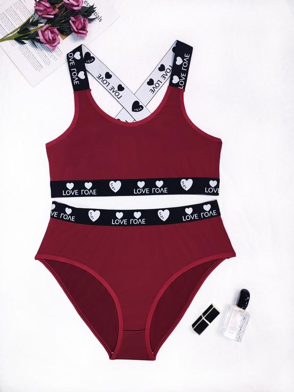 Plus Size Two-Piece Set Heart & Letter Tape Lingerie Set, Casual Criss Cross Bra & High Waist Panty Set, Comfort Womenswear, Two-piece Lingerie Set for Lady