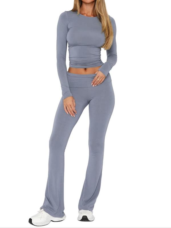 Women's Solid Long Sleeve Tee & Bell Bottom Pants Loungewear Two-piece Set, Casual Comfy Round Neck Top & Drop Waist Flare Leg Trousers PJ Set, Ladies Sleepwear for All Seasons