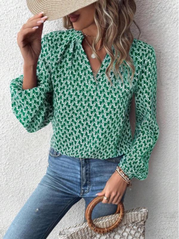 Women's All Over Print Bishop Sleeve Notched Blouse, Fall Outfits, Airport Outfits 2024, Comfort Womenswear, Elegant Long Sleeve Top for Daily Wear, Ladies Clothes for All Seasons