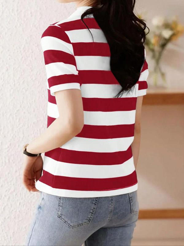 Women's Striped Print Cherry Embroidery Short Sleeve Polo Shirt, Casual Collared T-Shirt for Daily Outdoor Wear, Ladies Clothes for All Seasons