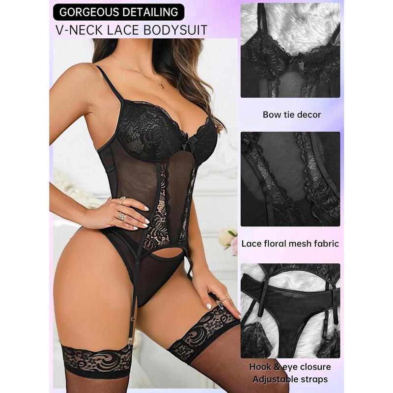 Women's Sexy Lingerie Set with Garter Lace Bodysuit