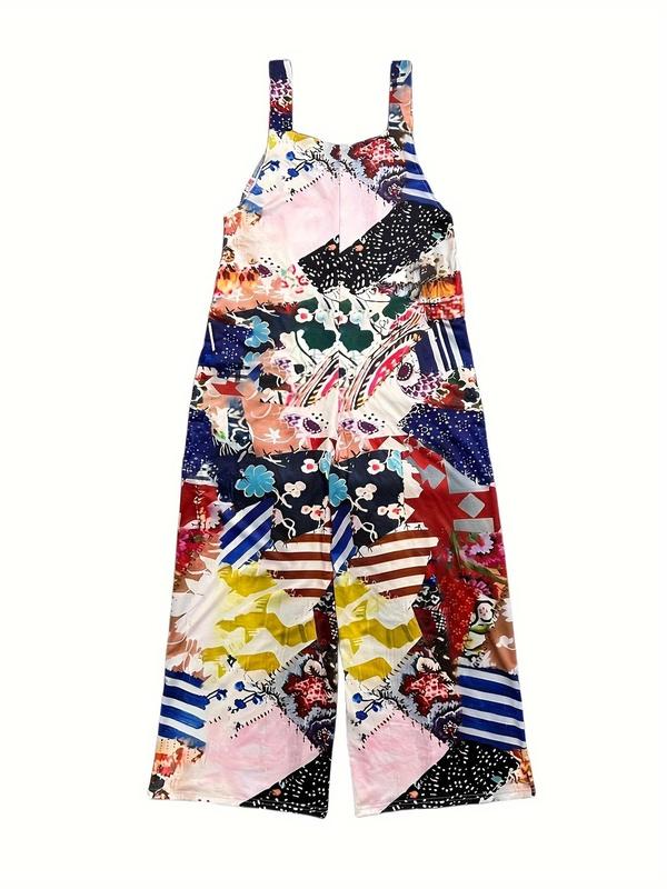 Women's Patchwork Print Pocket Button Cami Jumpsuit, Jumpsuit for Women, Boho Casual Adjustable Strap Wide Leg Jumpsuit for Beach Holiday Vacation, Ladies Summer Clothes