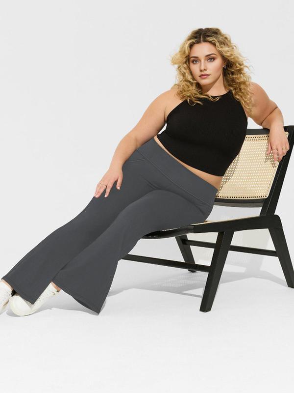  Solid High Waist Flare Leg Pants, Casual Comfy Pocket Trousers for Daily Wear, Women's Bottoms for All Seasons