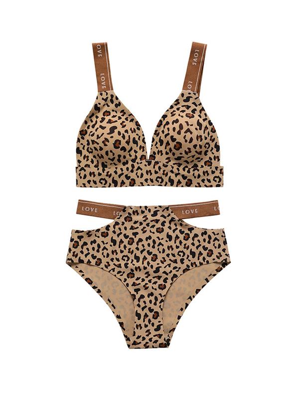 Women's Leopard Print Letter Tape Underwear Set, Push Up Bra & Cut Out High Waist Panty Set, Women's Lingerie Set for All Seasons