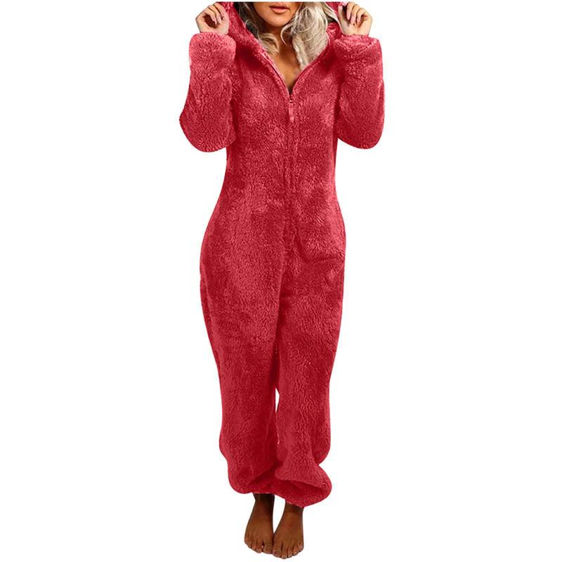 Women Onesies Fluffy Fleece Jumpsuits Sleepwear Plus Size Hood Sets Pajamas for Adult Winter Warm Pajamas Homewear