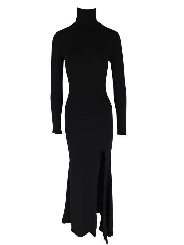 Women's Split Thigh High Neck Bodycon Dress, Solid Long Sleeve Maxi Dress for Party Club Dating Wear, Women's Clothing for Fall & Winter