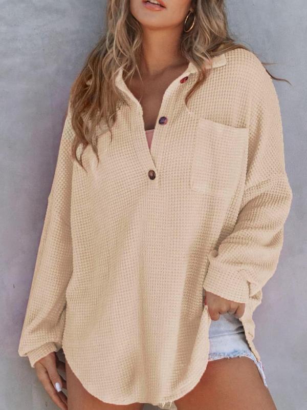 Women's Plain Textured Drop Shoulder Polo Shirt, Casual Long Sleeve Button Front Collared Top for Daily Wear, Ladies Clothes for All Seasons, Fall Outfits, Fallfreshness