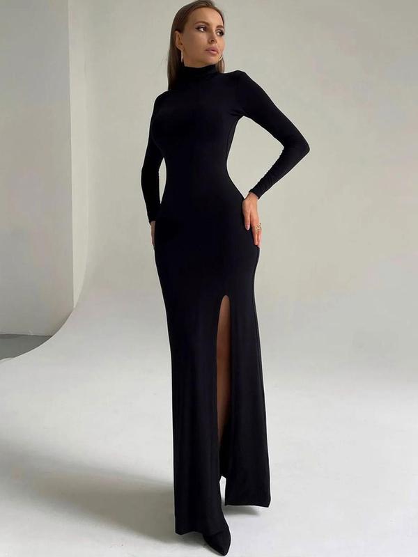 Women's Split Thigh High Neck Bodycon Dress, Solid Long Sleeve Maxi Dress for Party Club Dating Wear, Women's Clothing for Fall & Winter