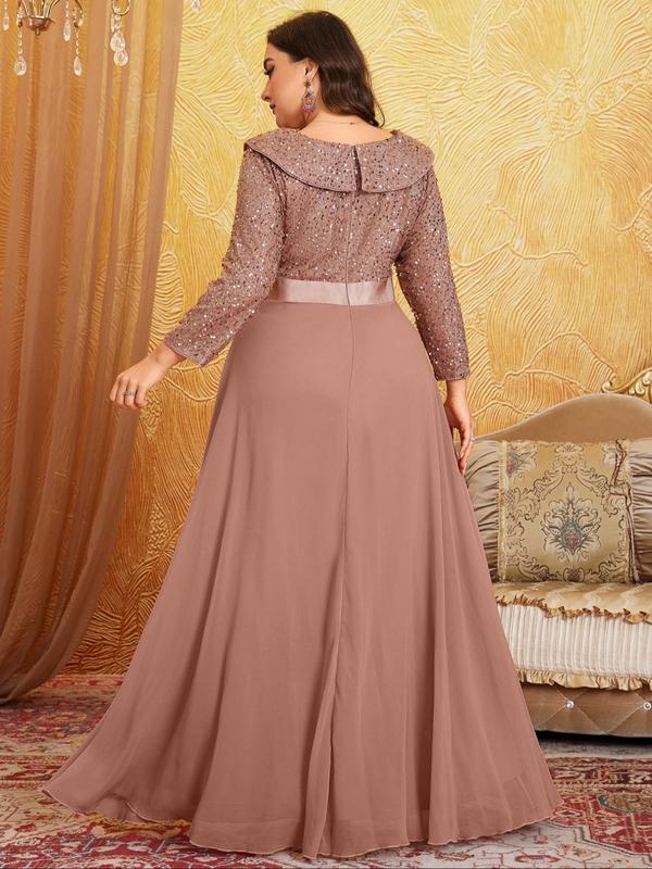  Glitter Contrast Sequin Collared Chiffon Evening Dress, Elegant Long Sleeve Maxi Dress for Party & Banquet, Women's Clothes for All Seasons