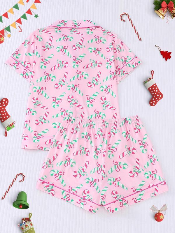 Two-Piece Set Women's Christmas All Over Cartoon Print Pajama Set, Casual Comfy Crew Neck Short Sleeve Top & Elastic Waist Shorts PJ Set, Ladies Sleepwear for All Seasons