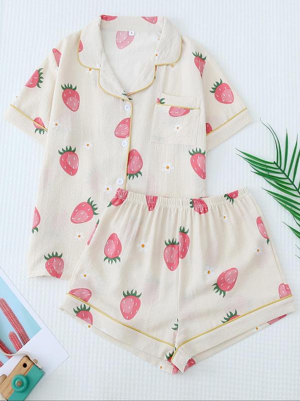 Women's All Over Strawberry Print Contrast Binding Button Front Shirt & Elastic Waist Shorts Cute Nightwear Loungewear Set, Casual Soft Comfortable Pocket Lapel Collar Top & Shorts PJ Set, Ladies Summer Sleepwear, Summer Wear 2024