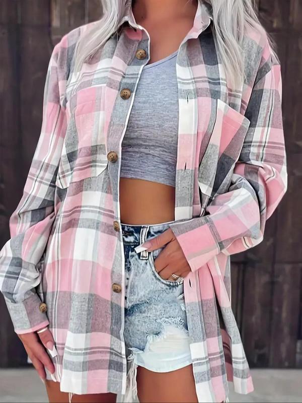  Plaid Print Button Front Shirt, Casual Long Sleeve Pocket Collared Top for Fall & Winter, Women's Clothes for Daily Wear