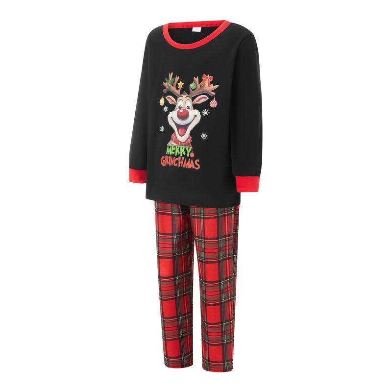 Family Christmas Pajamas Matching Sets PJ's Christmas Elk Print Long Sleeve Tops Elastic Plaid Pants Sleepwear Loungewear