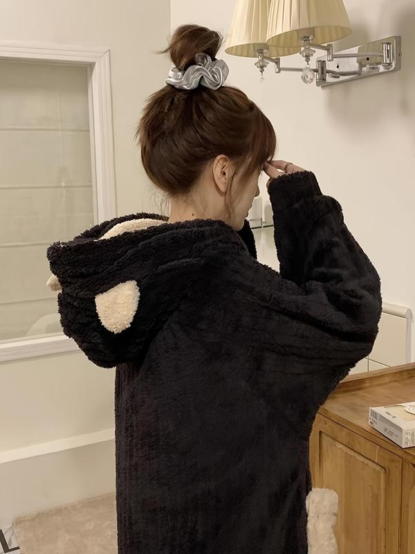 Women's Patchwork Bear Ear Design Button Front Coral Fleece Hooded Bathrobe, Casual Long Sleeve Pocket Design Robe, Women's Sleepwear for Fall & Winter