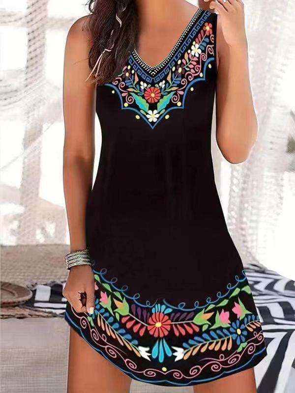 Women's Ethnic Floral Print Tank Dress, Boho Fashion Sleeveless Short Dress for Beach Holiday Vacation, Ladies Summer Clothes