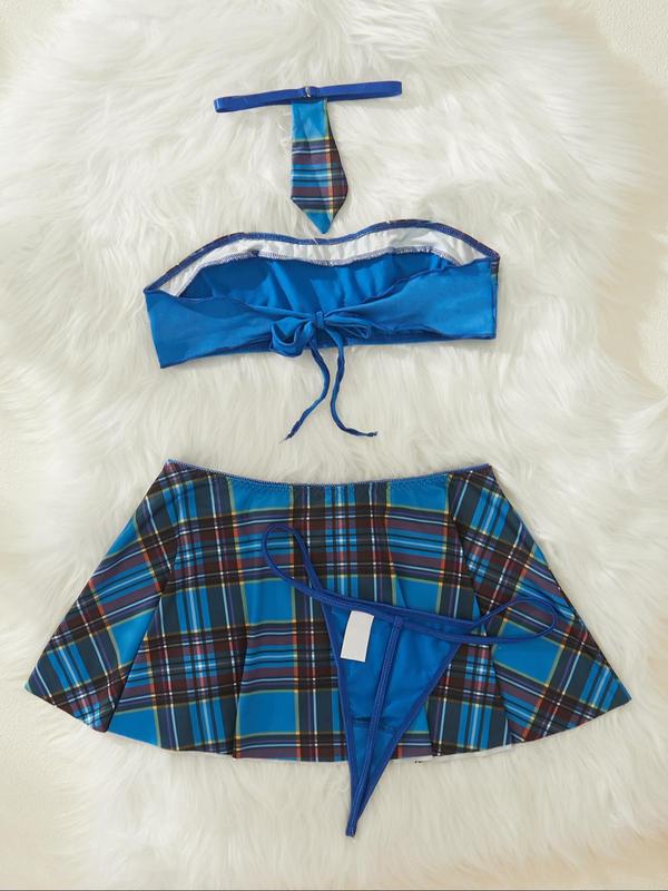 Women's Plaid Print Embroidering Sexy Lingerie Costumes Set, Sexy Tie Back Bandeau Bra & Thong & Pleated Skirt & Tie Set, Ladies Sexy Lingerie Set