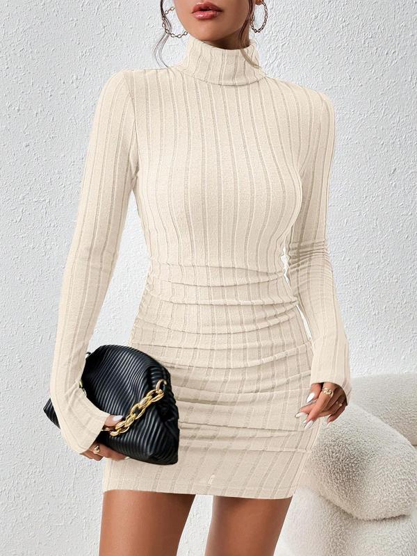 Women's Solid Ribbed Long Sleeve Turtleneck Bodycon Dress,  Vintage Girly Clothes Fashion Casual Mini Dress for Daily Outdoor Wear, Women Dress for Fall & Winter