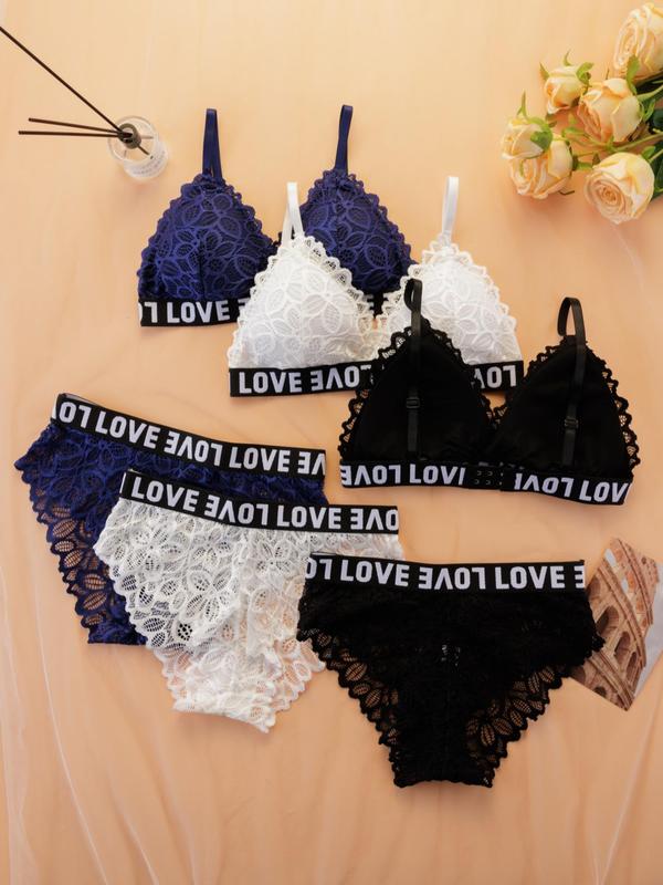 Women's Basic Minimalist Letter Tape Lace Bra Set, Comfort Casual Scallop Trim Wireless Bra & Knicker, Lady Chic Underwear Set, Summer Wear, Lady Underwear Set