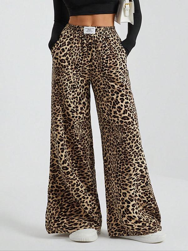 Women's Leopard-Print Wide Leg Pants, Casual Comfy Trousers for Daily Wear, Ladies Bottoms for Fall & Winter