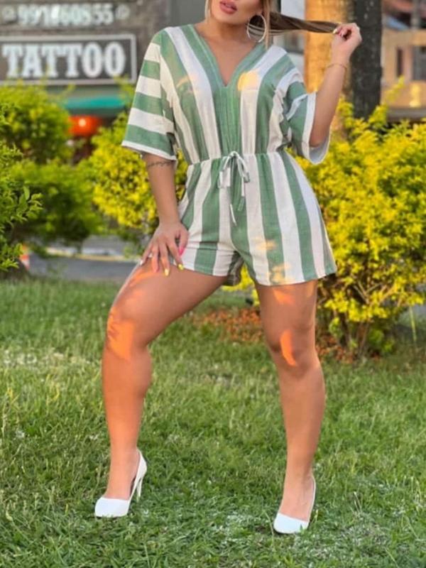 Women's Striped Print Knot Front V Neck Romper, Casual Batwing Sleeve Straight Leg Jumpsuit for Daily Wear, Ladies Clothes for All Seasons