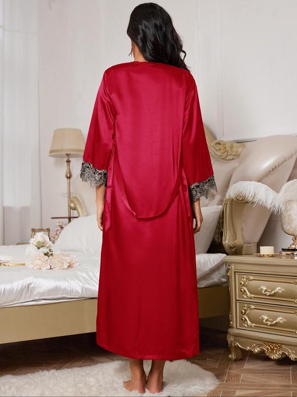 Two-piece Set Women's Contrast Lace Belted Satin Robe & Cami Nightdress Loungewear Set, Drop Shoulder Long Sleeve Robe & Cami Nightdress, Women's Sleepwear for All Seasons