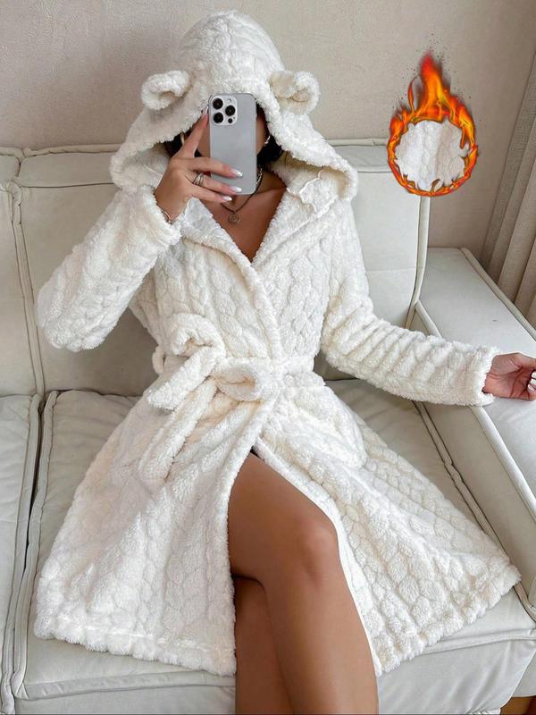 Women's Solid Color Pocket Belted Hooded Fuzzy Bathrobe, Casual Long Sleeve Warm Dressing Gown, Ladies Sleepwear for Fall & Winter