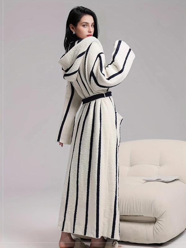 Couple  Striped Print Belted Lounge Robe, Casual Long Sleeve Drop Shoulder Pocket Design Bathrobe, Couple Sleepwear for Fall & Winter