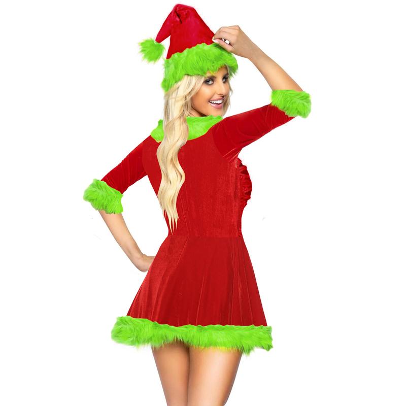 Women Christmas Dress Elf Dresses Christmas Santa Cosplay Costume Dress and Hat Set Plush V-Neck Half Sleeve Outfit Womenswear Clothing