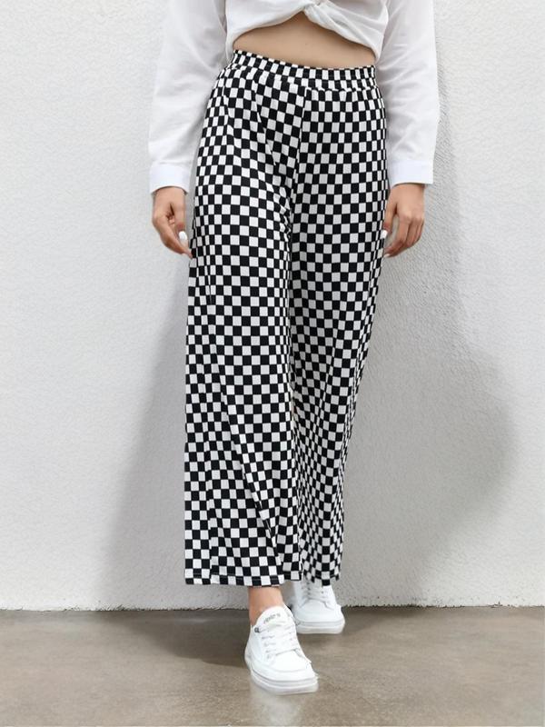 Women's Checkerboard Print Elastic Waist Wide Leg Pants, Casual High Waist Trousers for Fall, Fashion Women's Bottoms for Daily Wear, Boho Clothes, Pants for Women, Fall Outfits 2024, Comfy Pants, Preppy 80s Clothes