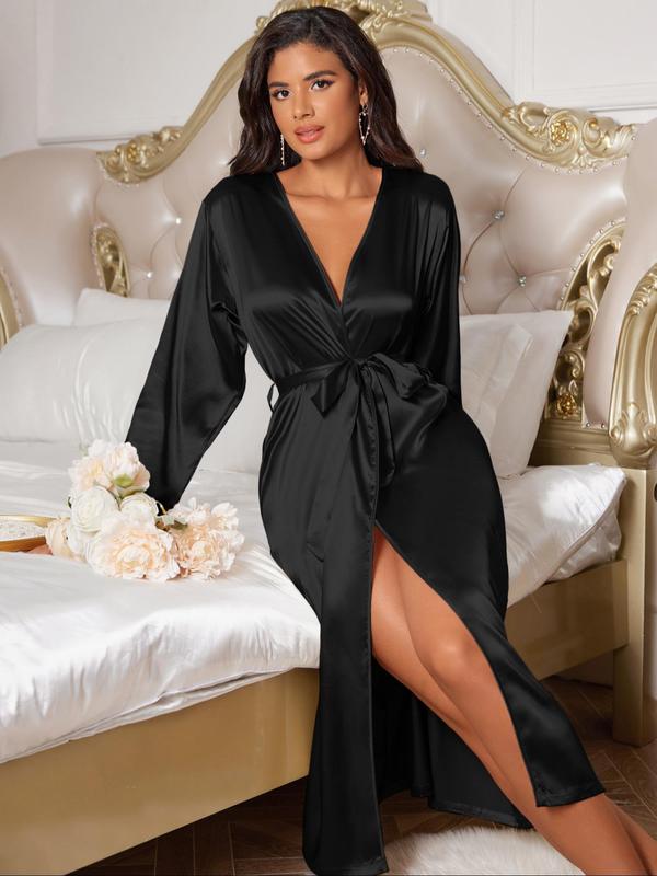 Women's Solid Color Belted Satin Bathrobe, Long Sleeve Dressing Gown, Soft Comfortable Breathable Bathrobe for Women, Women's Sleepwear for Fall & Winter