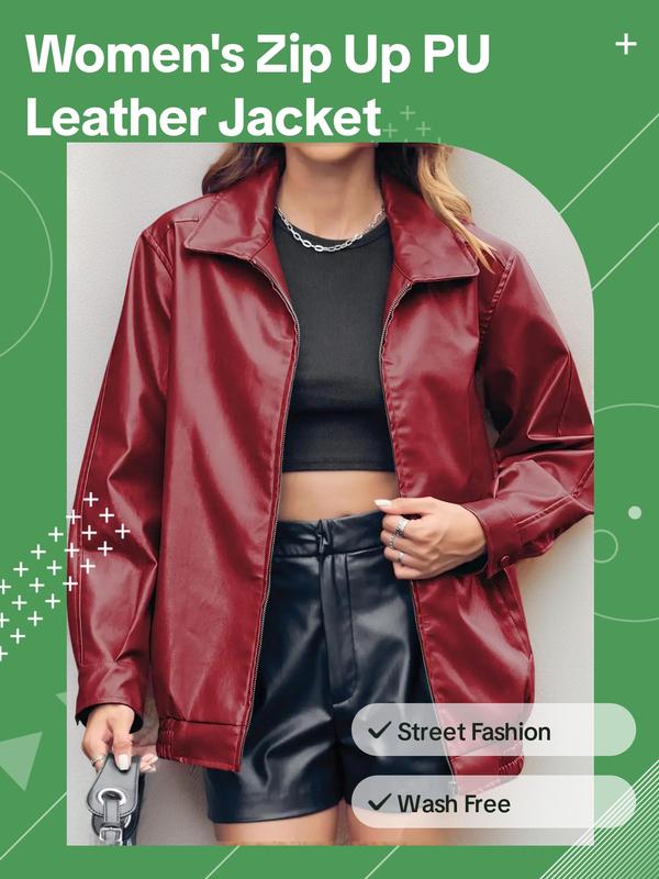 Women's Solid Pocket Zip Up Pu Leather Jacket, Street Fashion Long Sleeve Collared Outerwear for Daily Outdoor Wear,  Winter Clothes Women, Ladies Clothes for Fall & Winter, Comfort Coats for School Downtown Girl Clothes