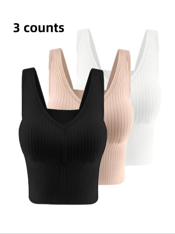 Women's Solid Ribbed V Neck Crop Tank Top with Removable Chest Pad Design, Crop Tops, Casual Breathable Comfortable Sleeveless Cropped Top for Daily Wear,  Cute Crop Tops,  Ladies Clothes for All Seasons