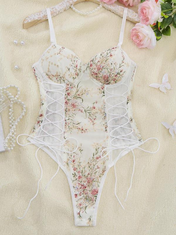 Women's Floral Embroidery Lace Up Sheer Chiffon Sexy Lingerie Bodysuit, Elegant Sexy Adjustable Spaghetti Strap Bodysuit, Ladies Sexy Costumes