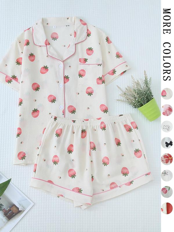 Women's All Over Strawberry Print Contrast Binding Button Front Shirt & Elastic Waist Shorts Cute Nightwear Loungewear Set, Casual Soft Comfortable Pocket Lapel Collar Top & Shorts PJ Set, Ladies Summer Sleepwear, Summer Wear 2024