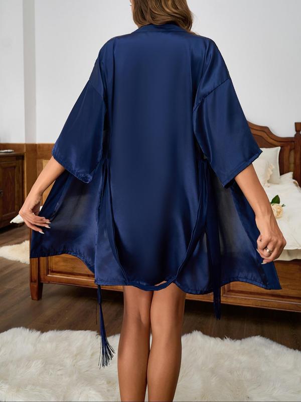 Women's Solid Fringe Trim Belted Satin Lounge Robe, Casual Drop Shoulder 3 4 Sleeve Lounge Robe, Ladies Sleepwear for All Seasons